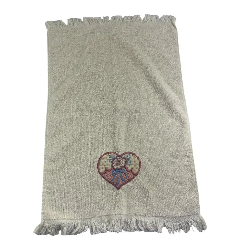 Vintage Hand Towel Heart Applique Cottagecore Pink Blue Flower Bow Fringe